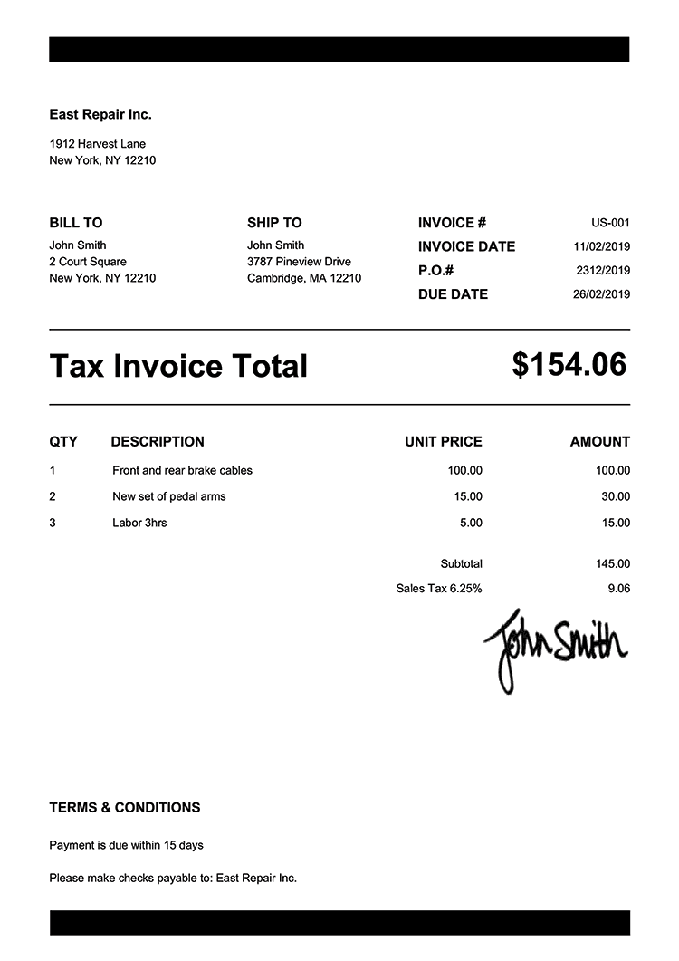 Tax Invoice Template Us Band Black 