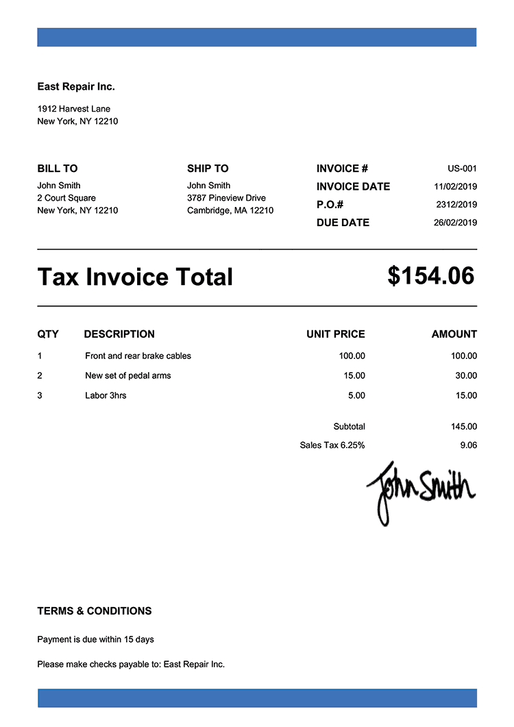 Tax Invoice Template Us Band Blue 