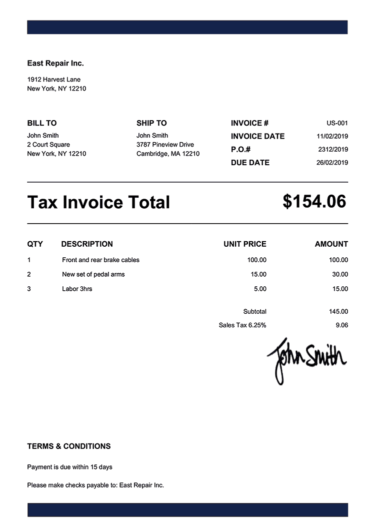 Tax Invoice Template Us Band Navy Blue 