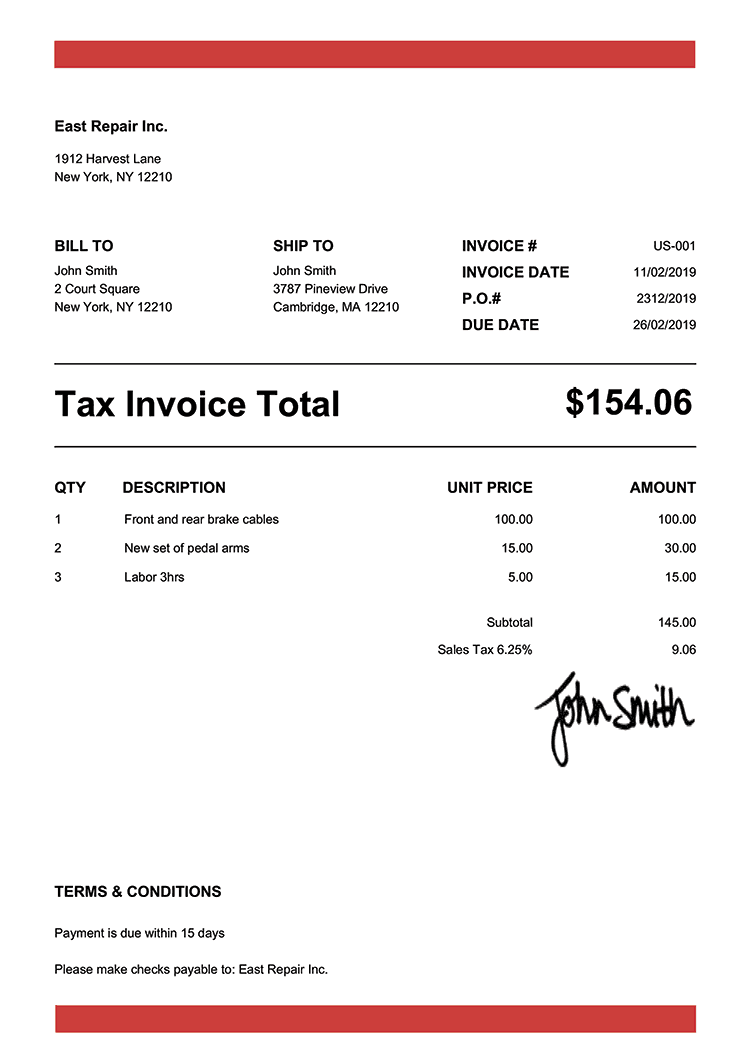 Tax Invoice Template Us Band Red 