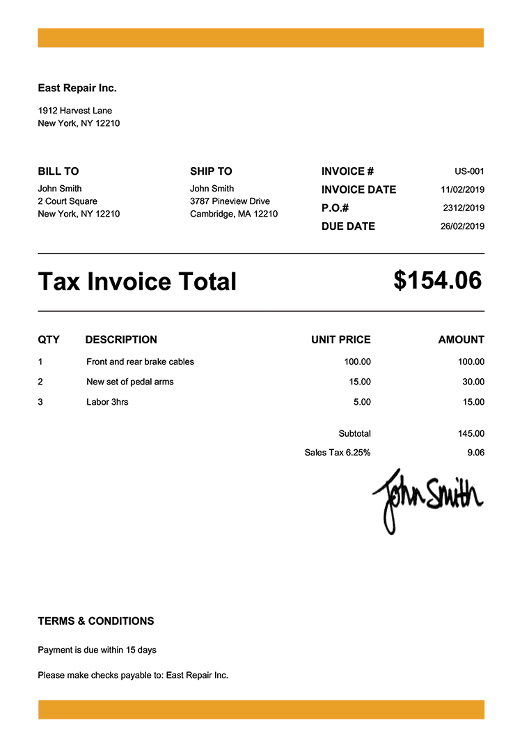 Tax Invoice Template Us Band Yellow 