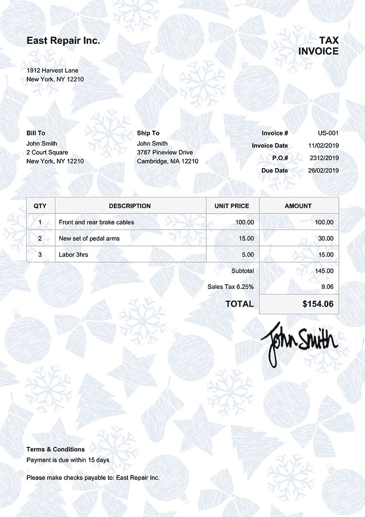 Tax Invoice Template Us Christmas Pattern Blue 
