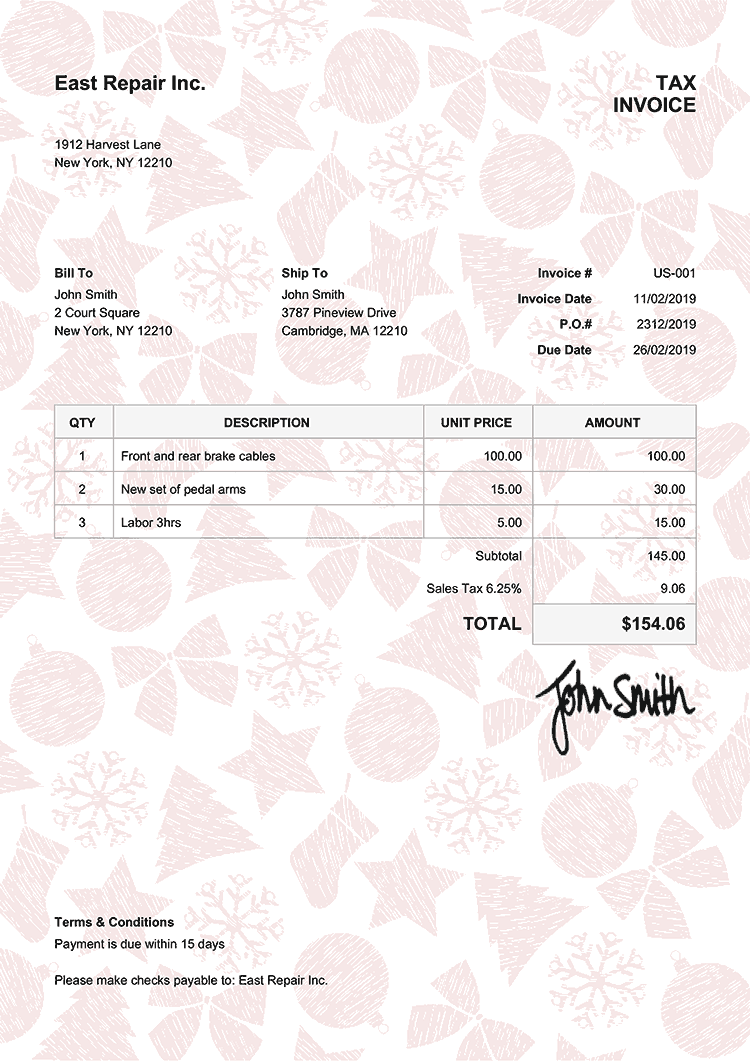 Tax Invoice Template Us Christmas Pattern Red 