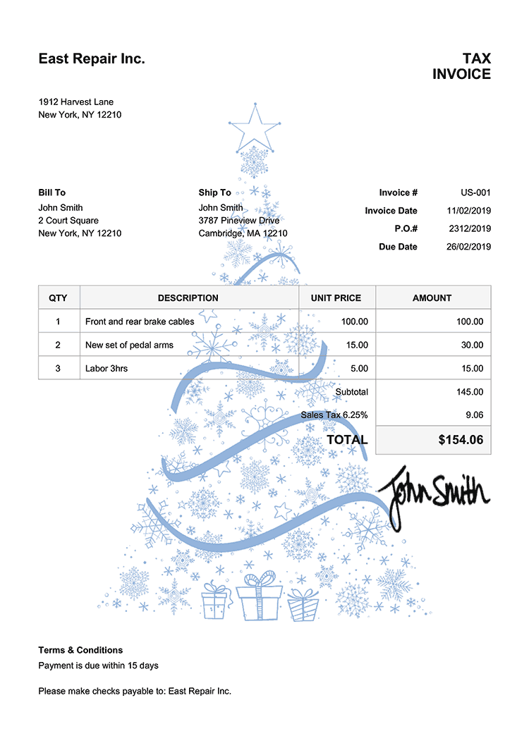 Tax Invoice Template Us Christmas Tree Blue 