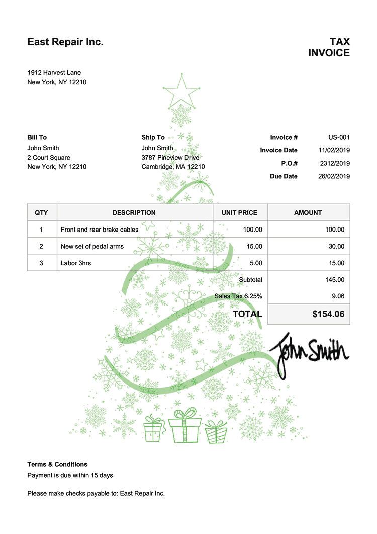 Tax Invoice Template Us Christmas Tree Green 