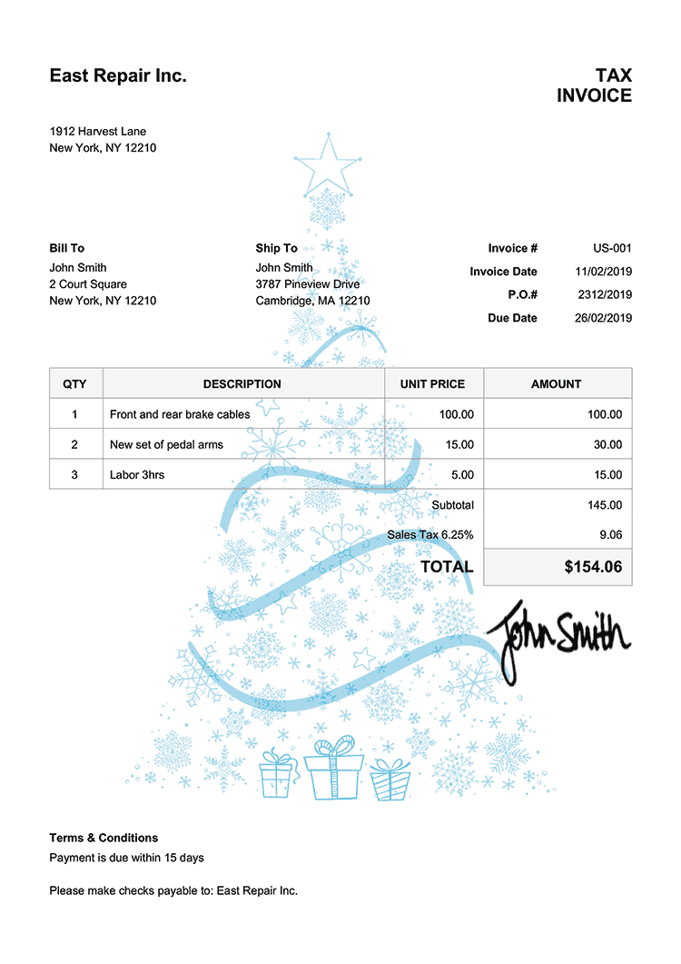 Tax Invoice Template Us Christmas Tree Light Blue 