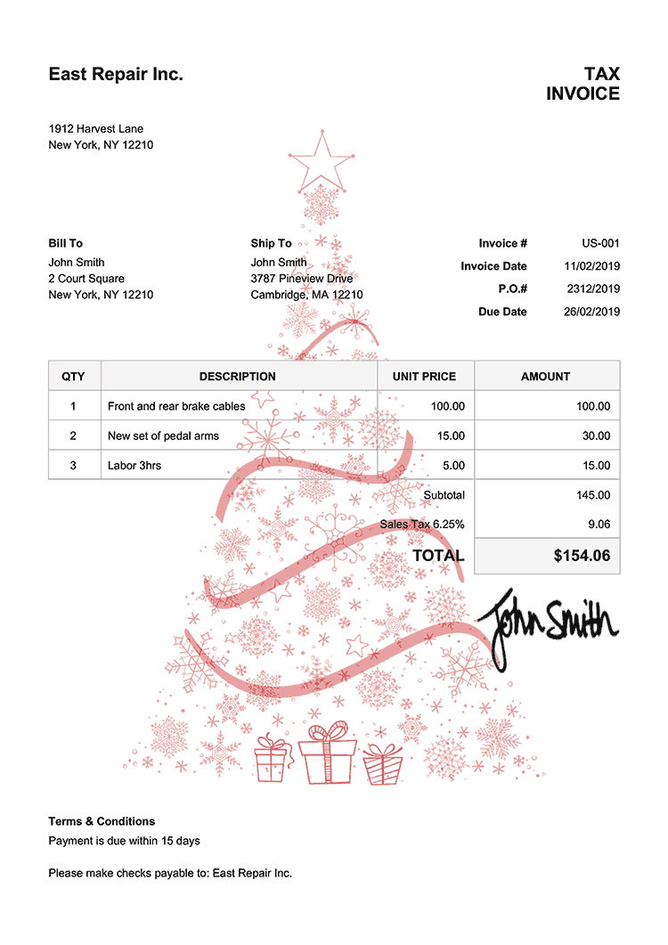 Tax Invoice Template Us Christmas Tree Red 