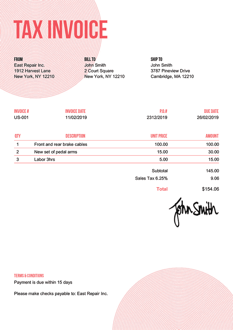 Tax Invoice Template Us Circles Pink 