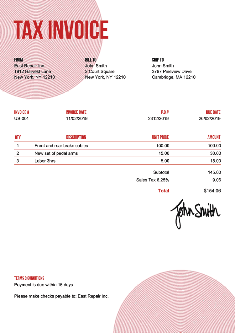 Tax Invoice Template Us Circles Red 