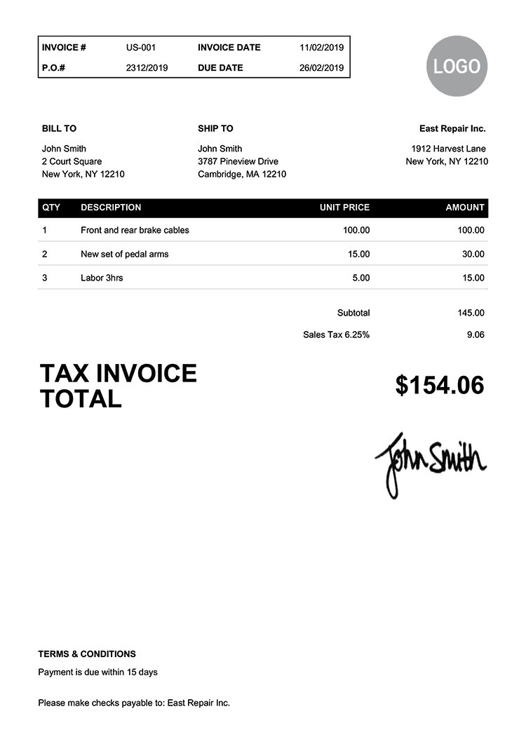 Tax Invoice Template Us Clean Black 