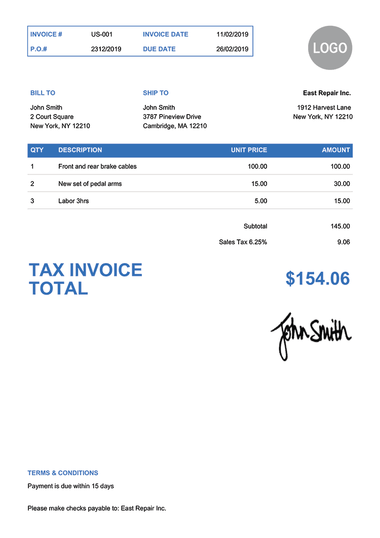 Tax Invoice Template Us Clean Blue 