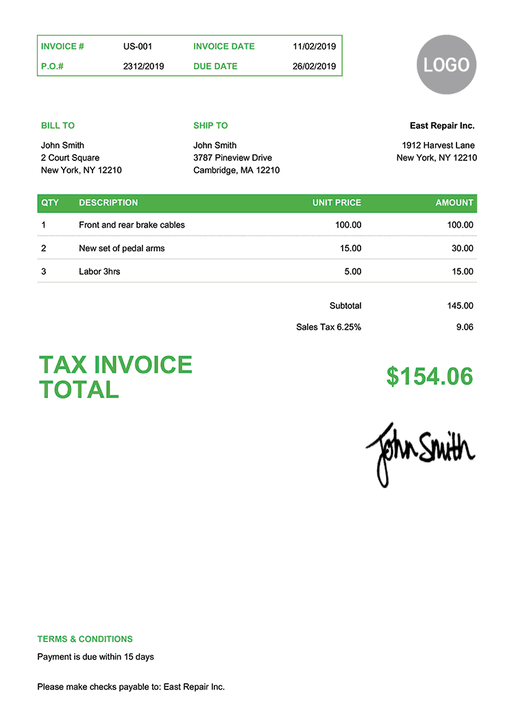 Tax Invoice Template Us Clean Green 