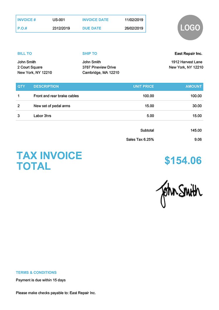 Tax Invoice Template Us Clean Light Blue 