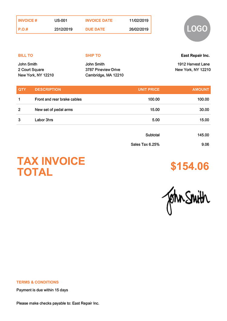 Tax Invoice Template Us Clean Orange 