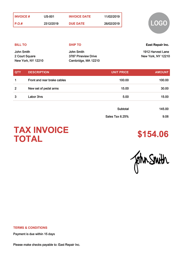 Tax Invoice Template Us Clean Red 