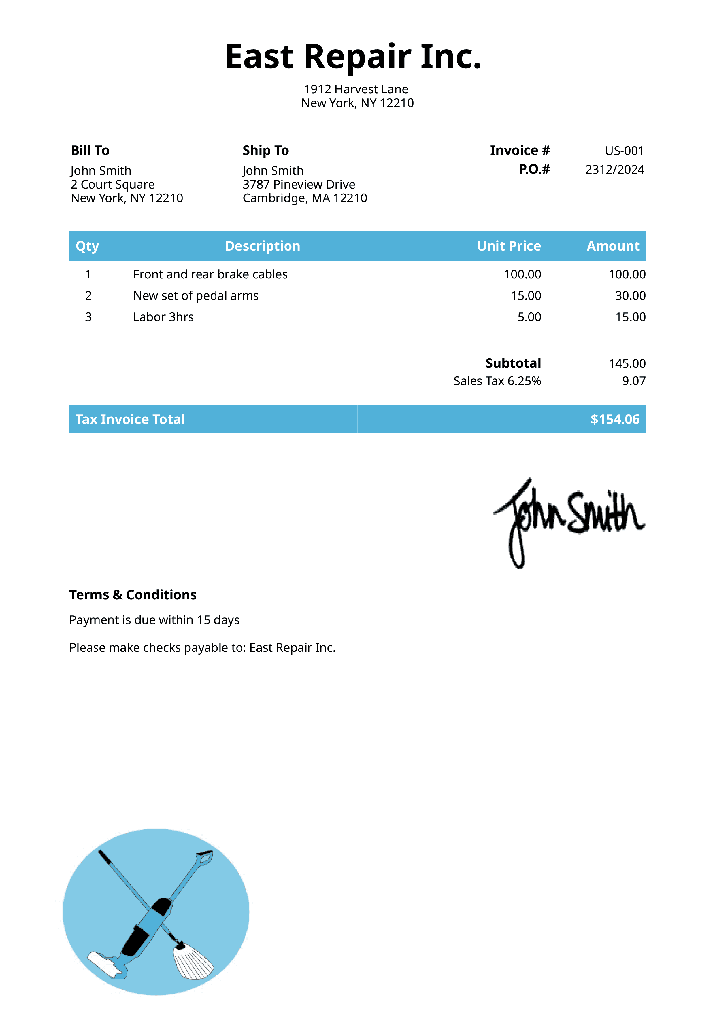 Tax Invoice Template Us Cleaner Light Blue 