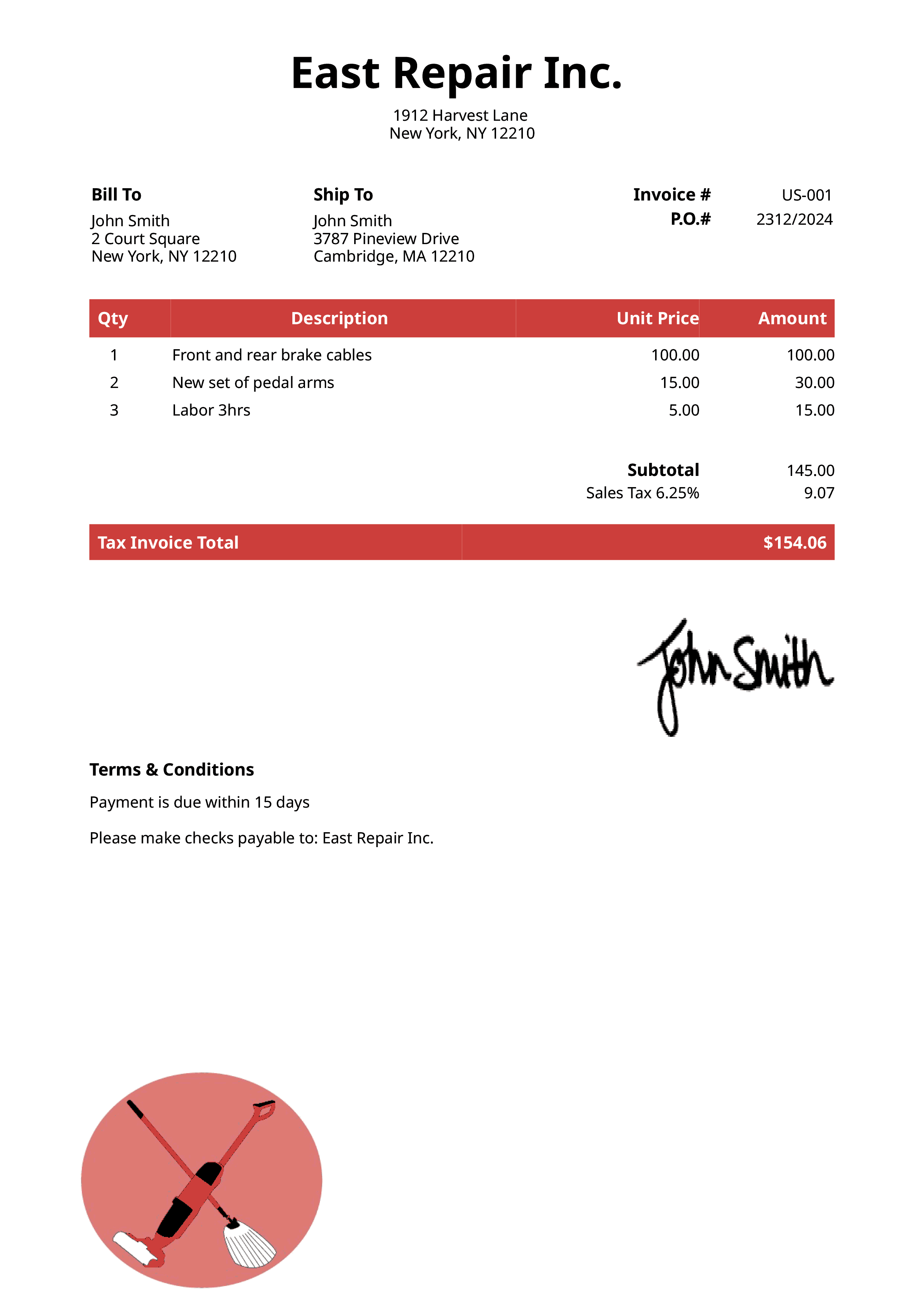 Tax Invoice Template Us Cleaner Red 