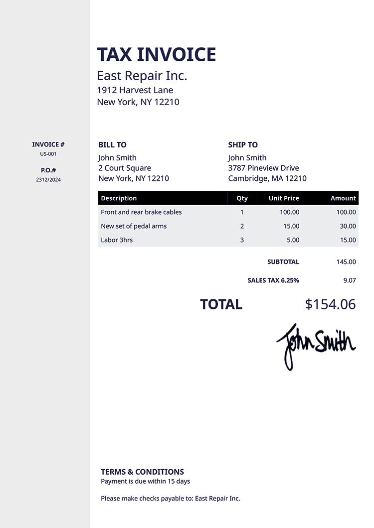 Tax Invoice Template Us Column Black 