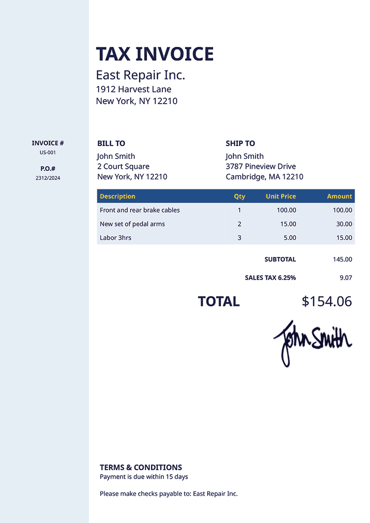 Tax Invoice Template Us Column Blue 