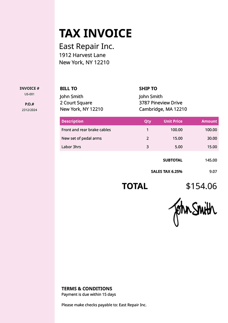 Tax Invoice Template Us Column Pink 