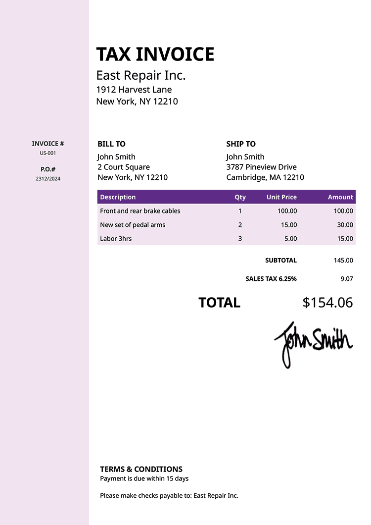 Tax Invoice Template Us Column Purple 