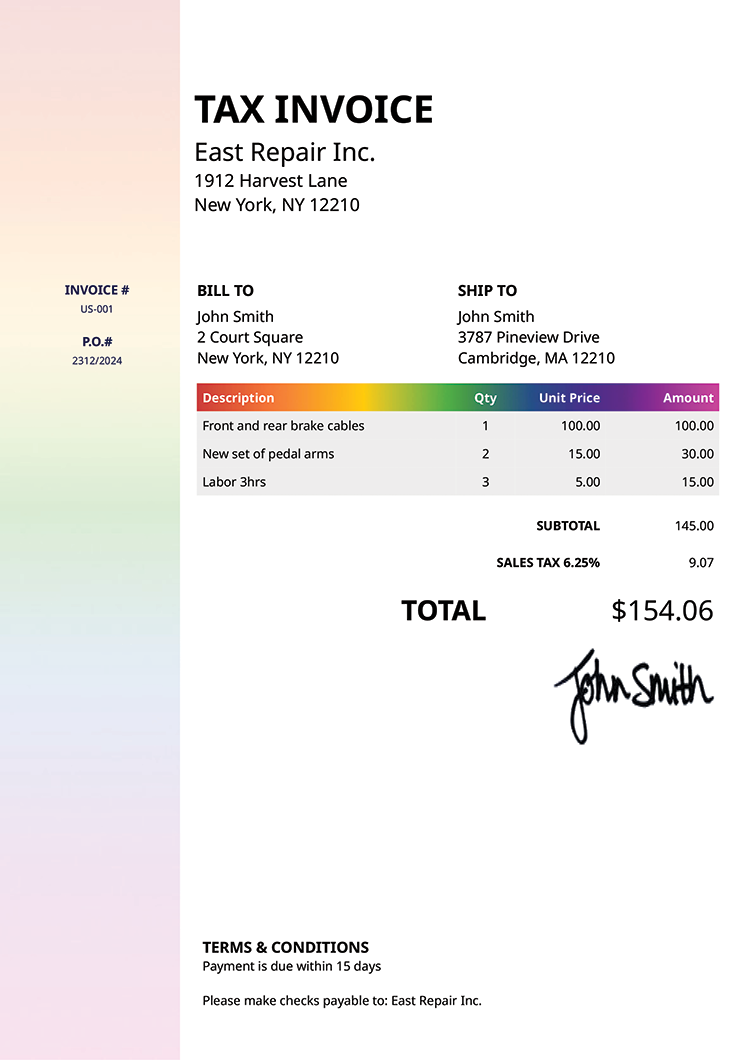 Tax Invoice Template Us Column Rainbow 