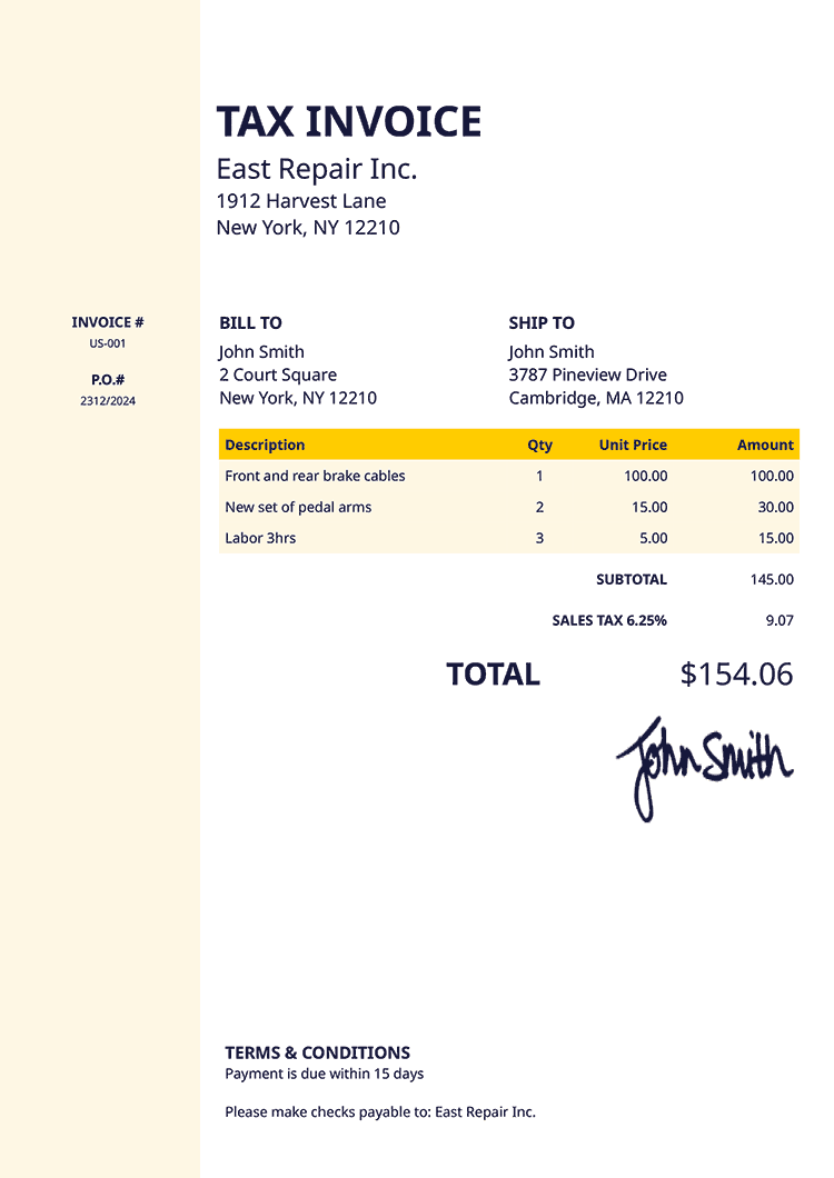 Tax Invoice Template Us Column Yellow 