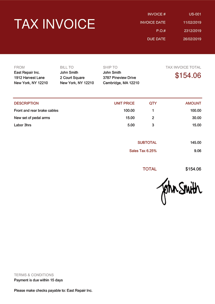 Tax Invoice Template Us Contemporary Red 