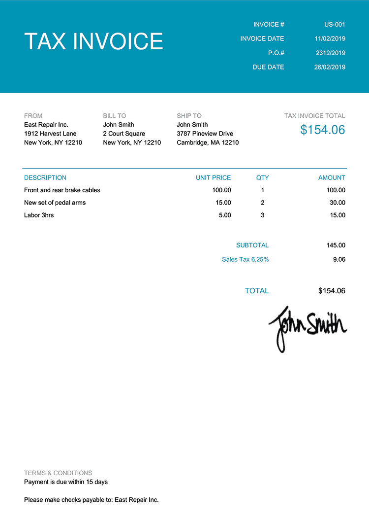 Tax Invoice Template Us Contemporary Teal 