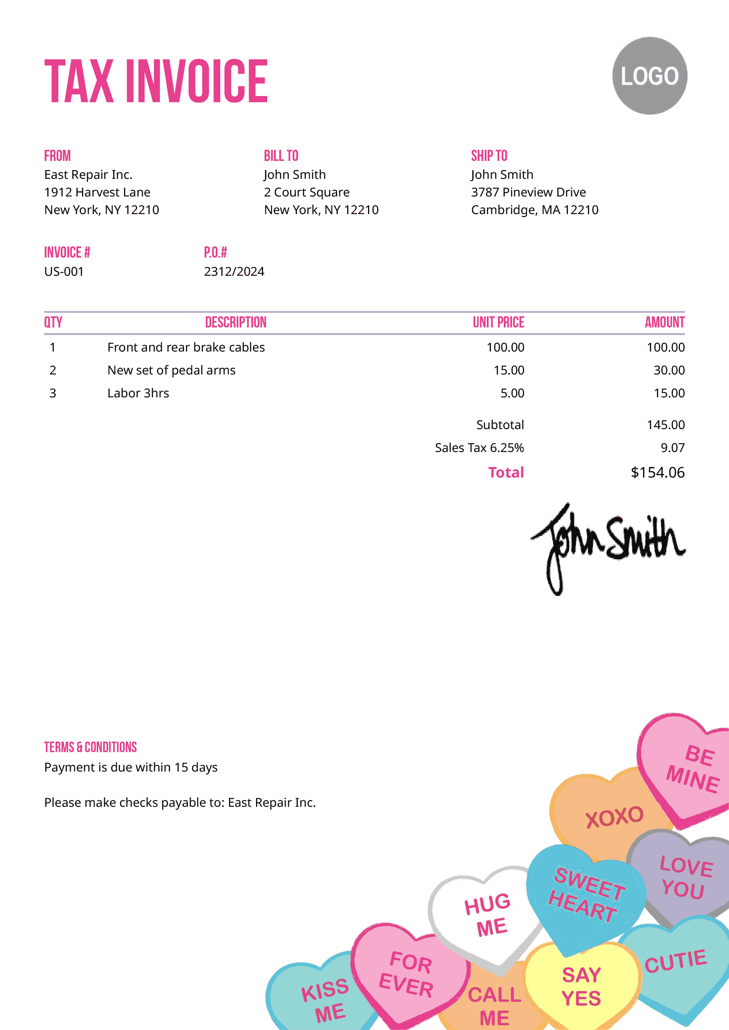 Tax Invoice Template Us Conversation Hearts 