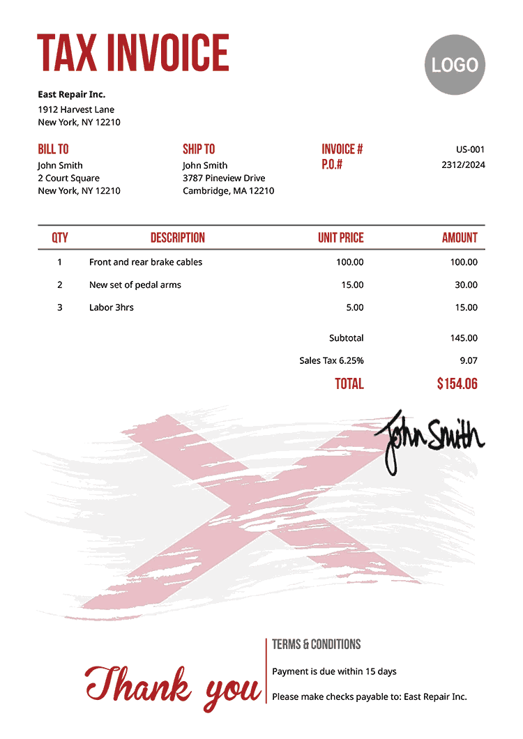 Tax Invoice Template Us Flag Of Alabama 