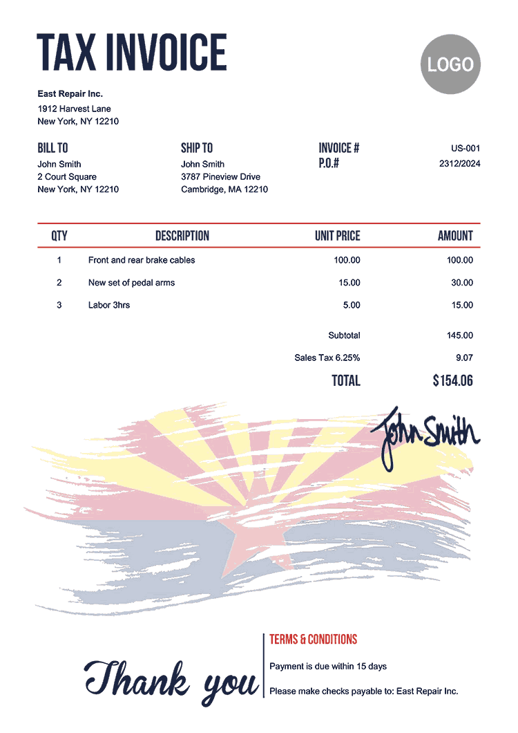 Tax Invoice Template Us Flag Of Arizona 
