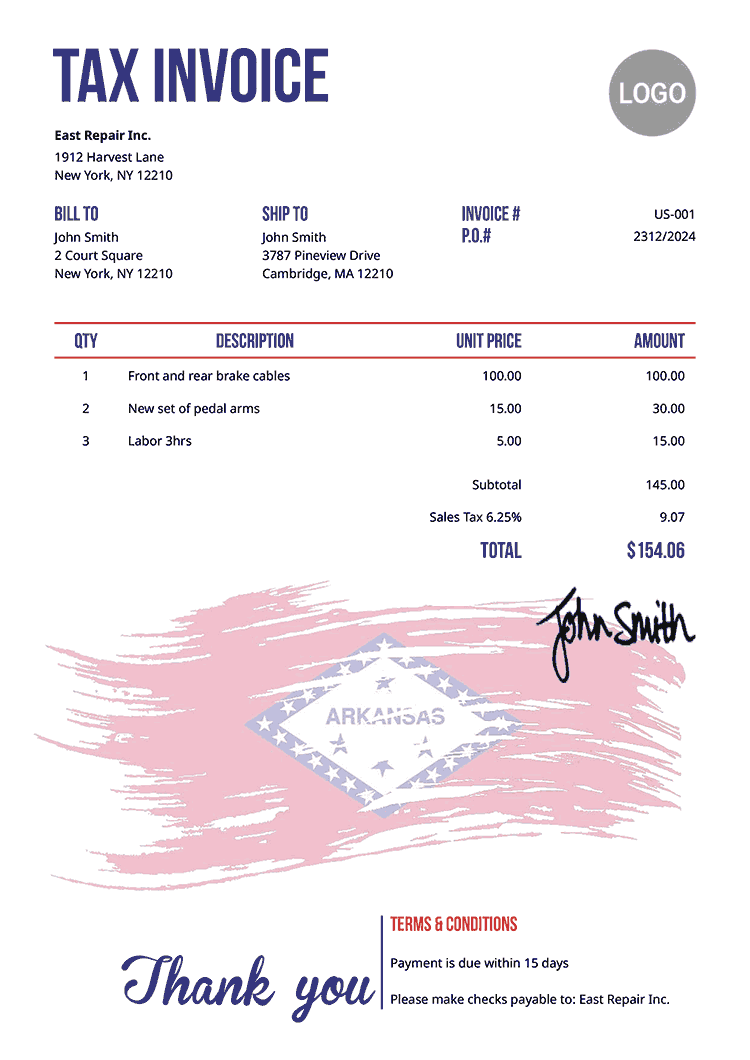 Tax Invoice Template Us Flag Of Arkansas 