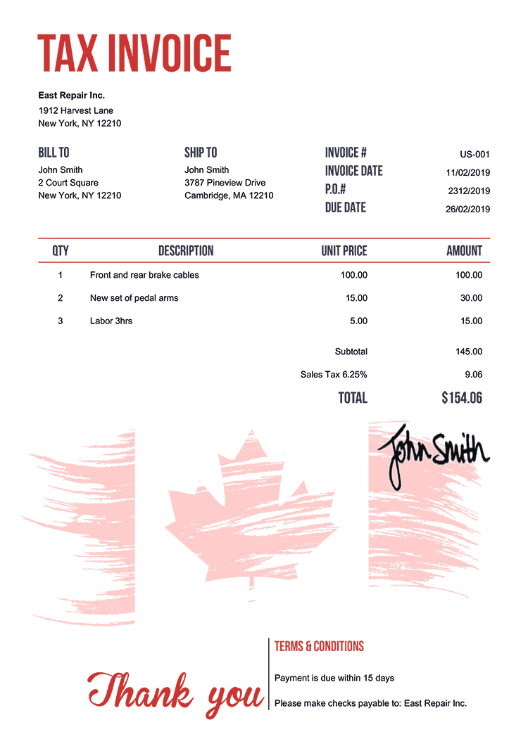 Tax Invoice Template Us Flag Of Canada 