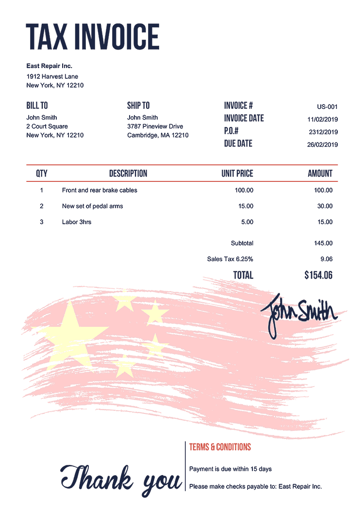 Tax Invoice Template Us Flag Of China 