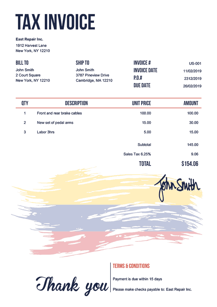 Tax Invoice Template Us Flag Of Colombia 