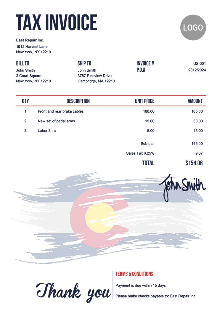 Tax Invoice Template Us Flag Of Colorado 