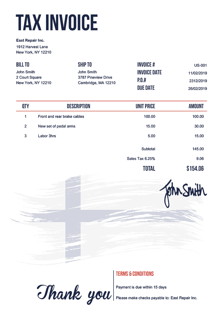 Tax Invoice Template Us Flag Of Finland 