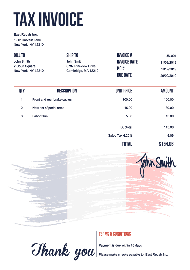 Tax Invoice Template Us Flag Of France 