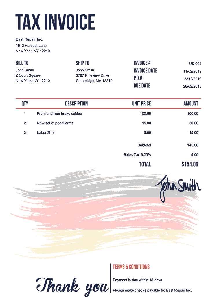 Tax Invoice Template Us Flag Of Germany 