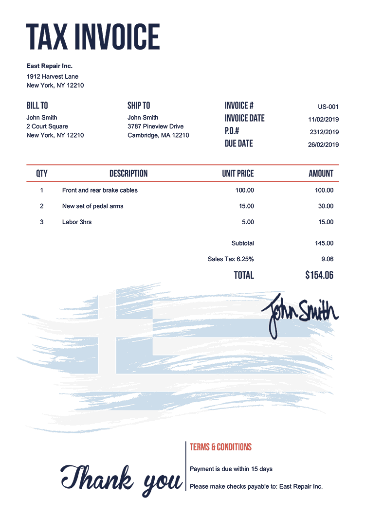 Tax Invoice Template Us Flag Of Greece 