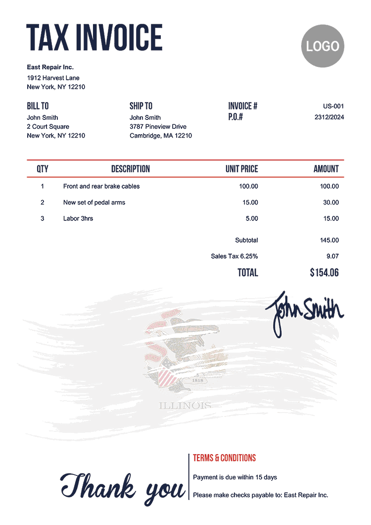 Tax Invoice Template Us Flag Of Illinois 