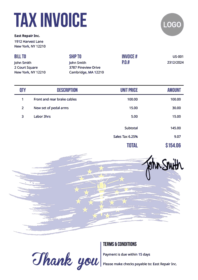 Tax Invoice Template Us Flag Of Indiana 
