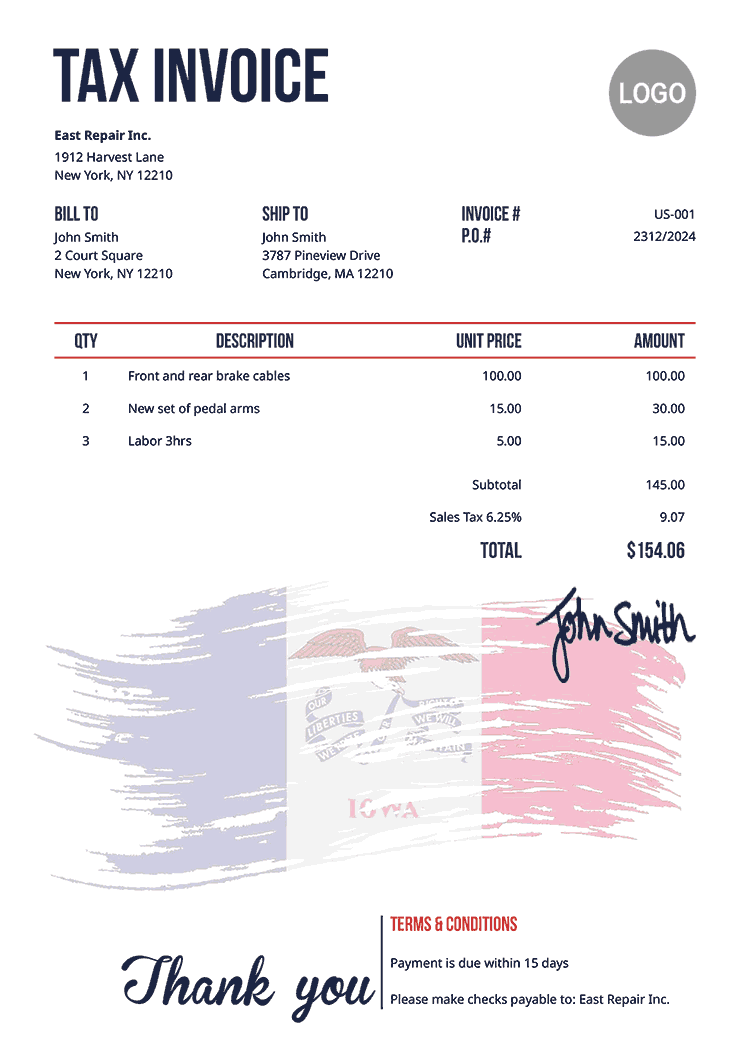Tax Invoice Template Us Flag Of Iowa 
