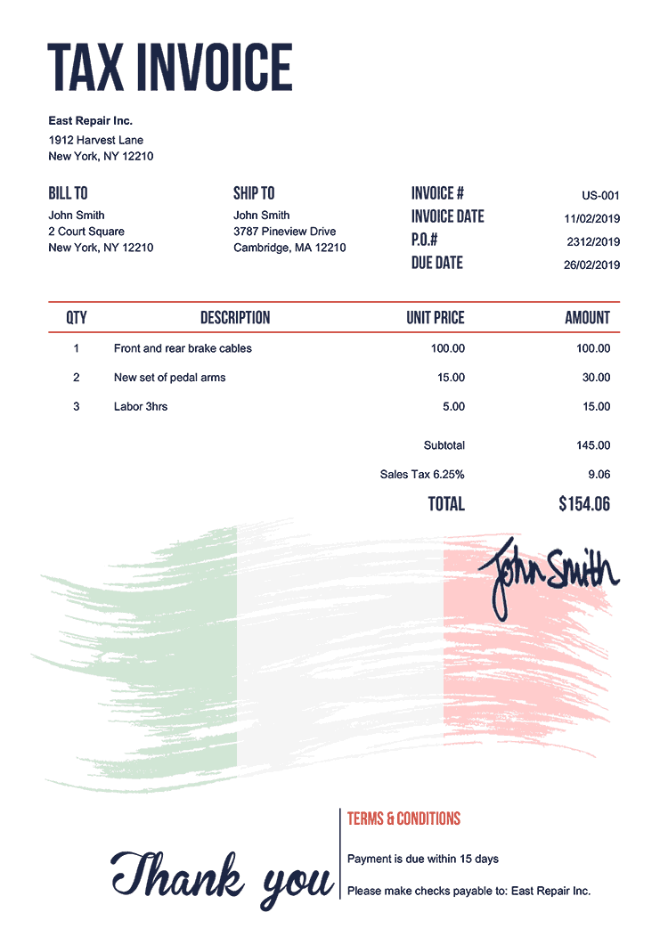 Tax Invoice Template Us Flag Of Italy 