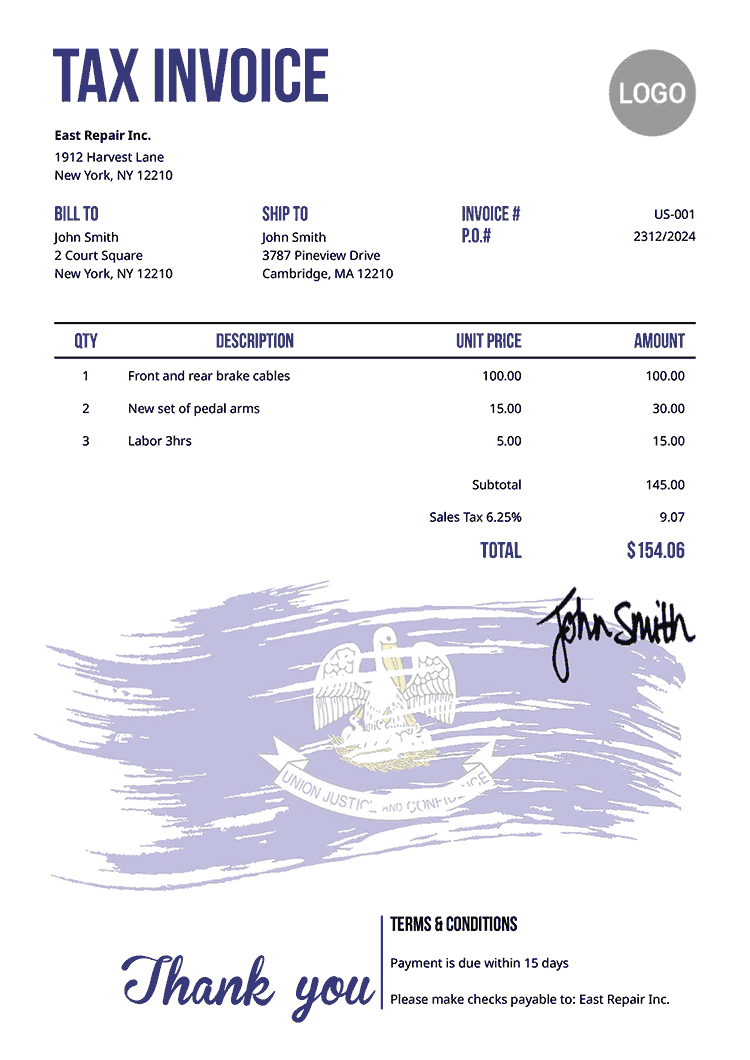 Tax Invoice Template Us Flag Of Louisiana 