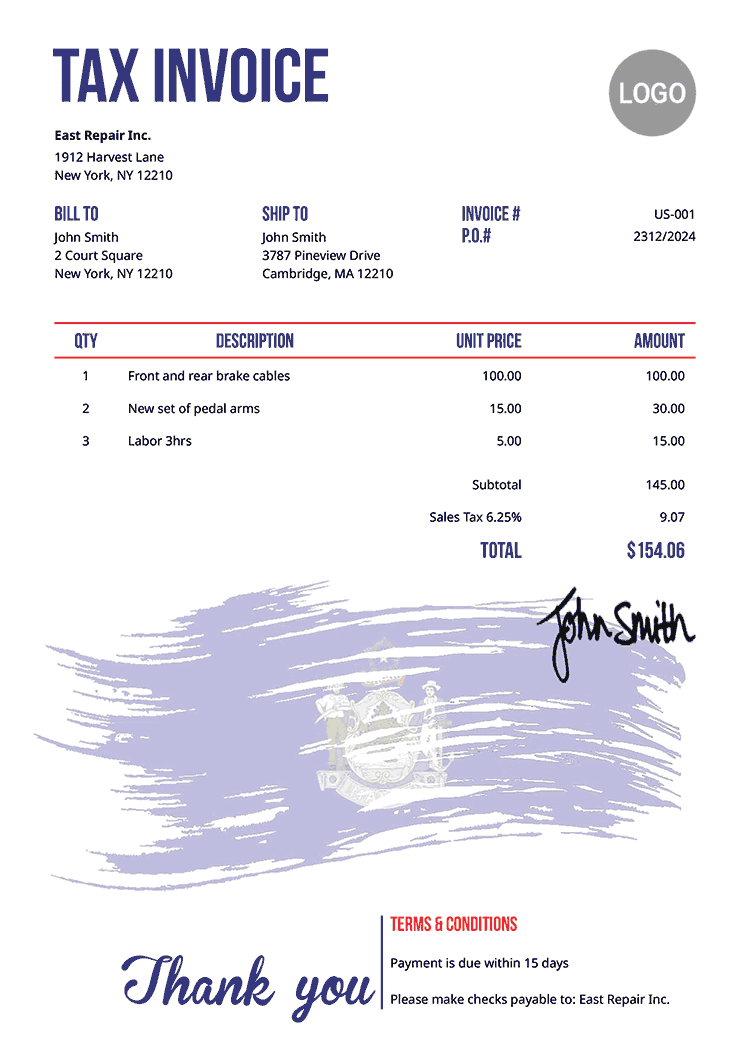 Tax Invoice Template Us Flag Of Maine 
