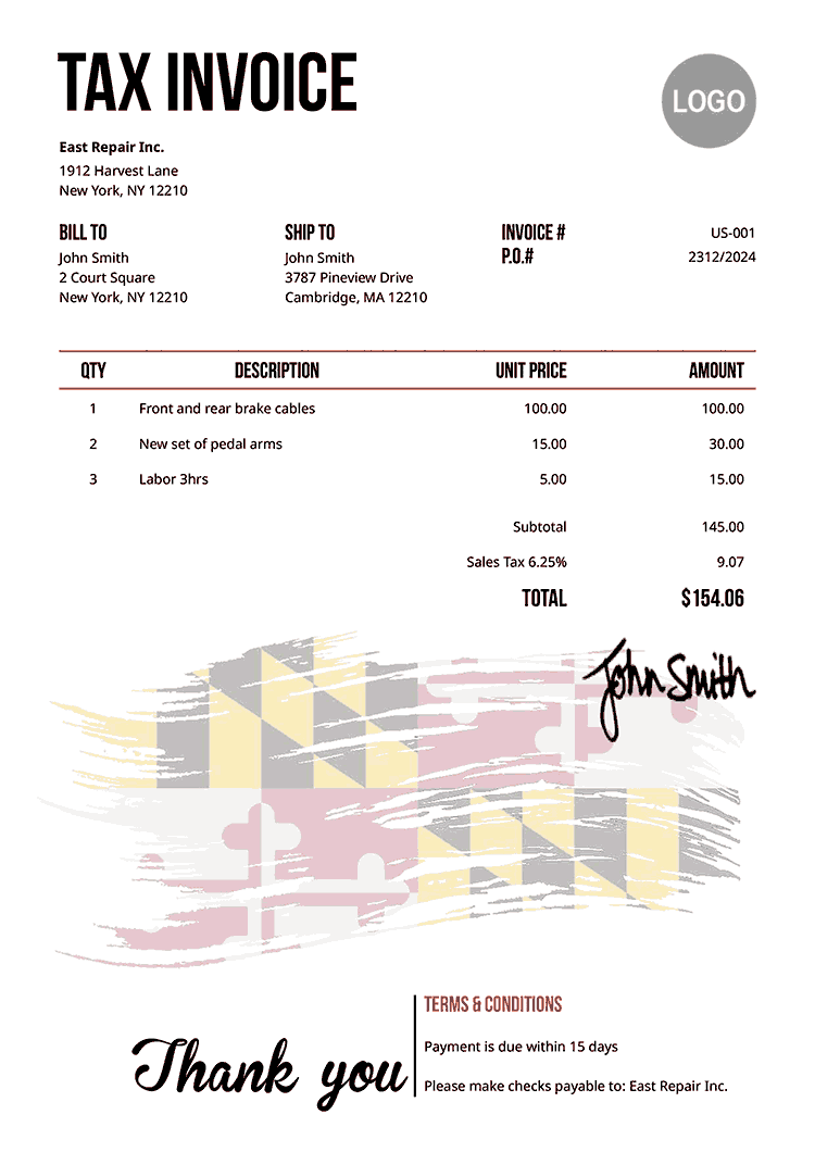 Tax Invoice Template Us Flag Of Maryland 