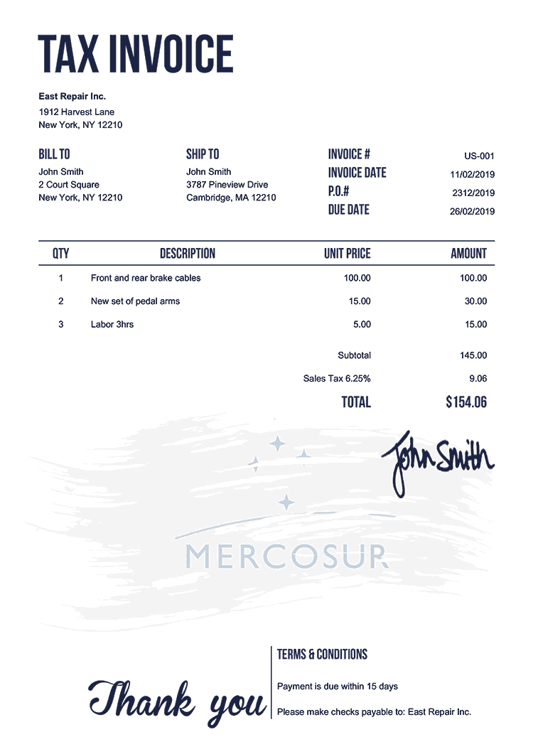Tax Invoice Template Us Flag Of Mercosur 