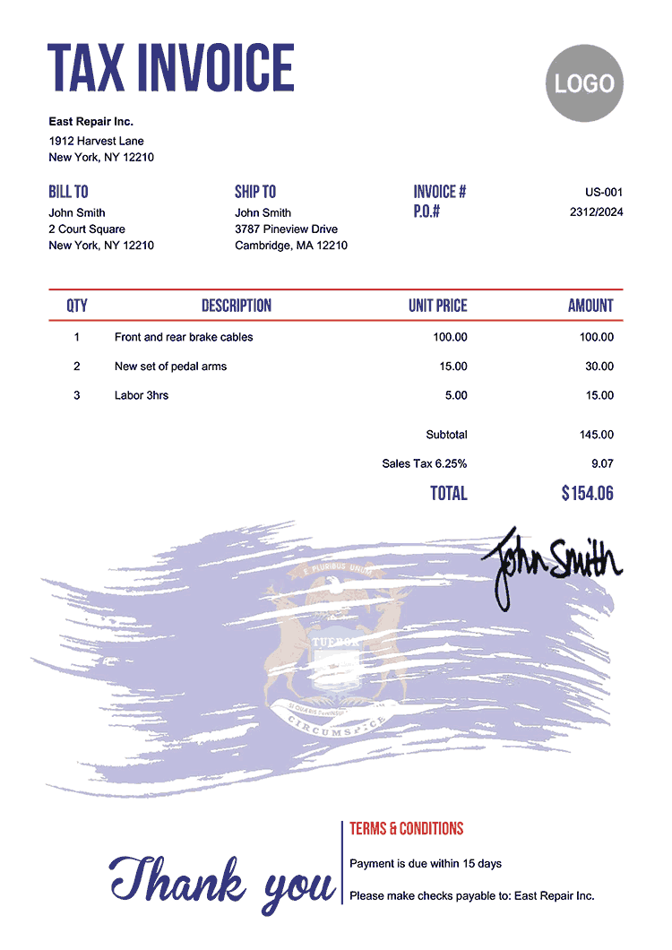 Tax Invoice Template Us Flag Of Michigan 